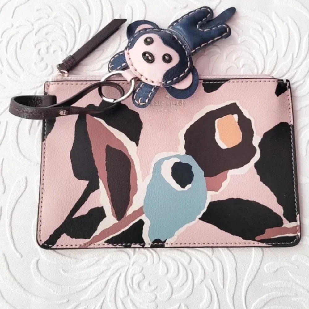 Kate Spade Abstract Zip leater Pouch w 3D Monkey key chain - Picture 2 of 11